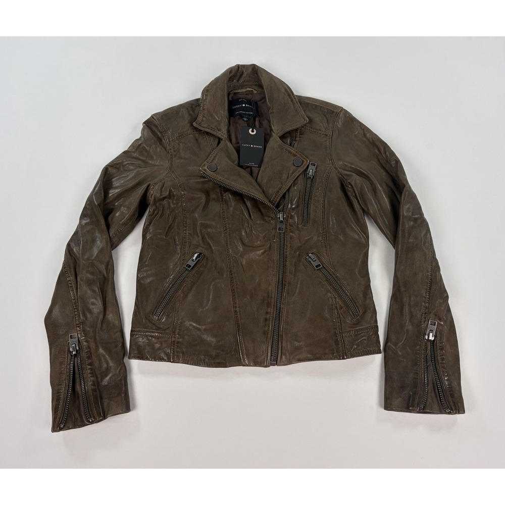 Lucky Brand Brown 100% Lamb Leather Moto Biker Jacket Women's XS New MSRP $449